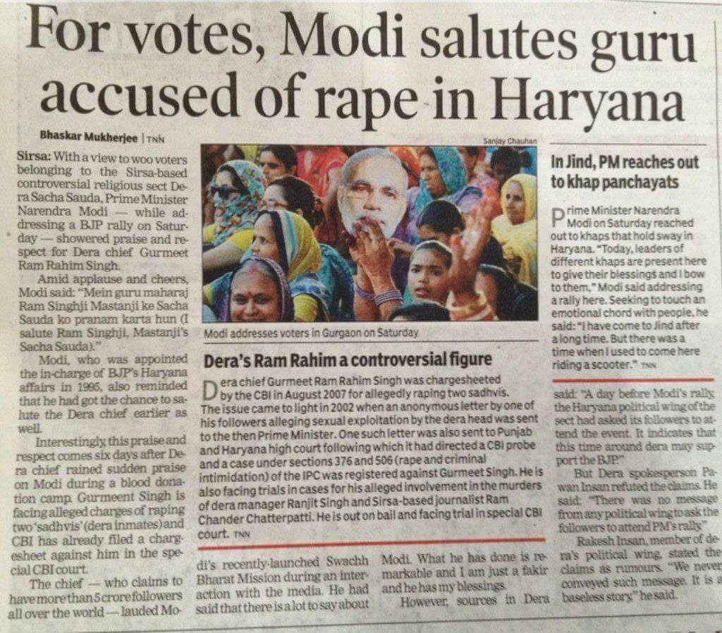 For votes, Modi Salutes Guru accused of rape in Harayana